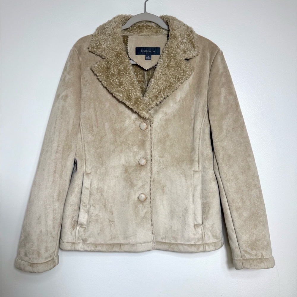 Liz Claiborne Women’s Ivory Sherpa Shearling Teddy Faux Suede Jacket Size Medium